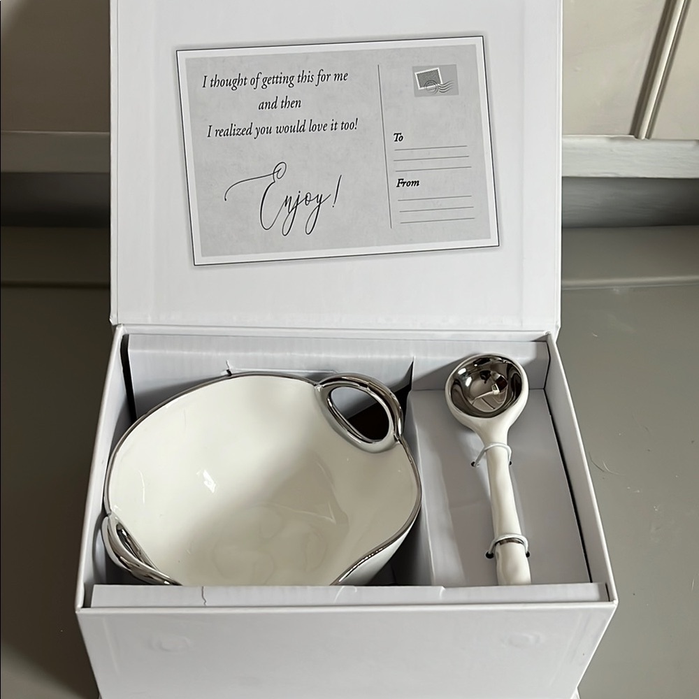 Elegant White and Silver Bowl with Ladle Set